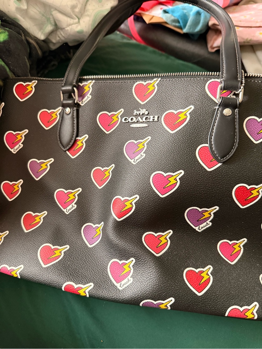 Coach Black Leather Tote with Red & Purple Heart Lightning Print